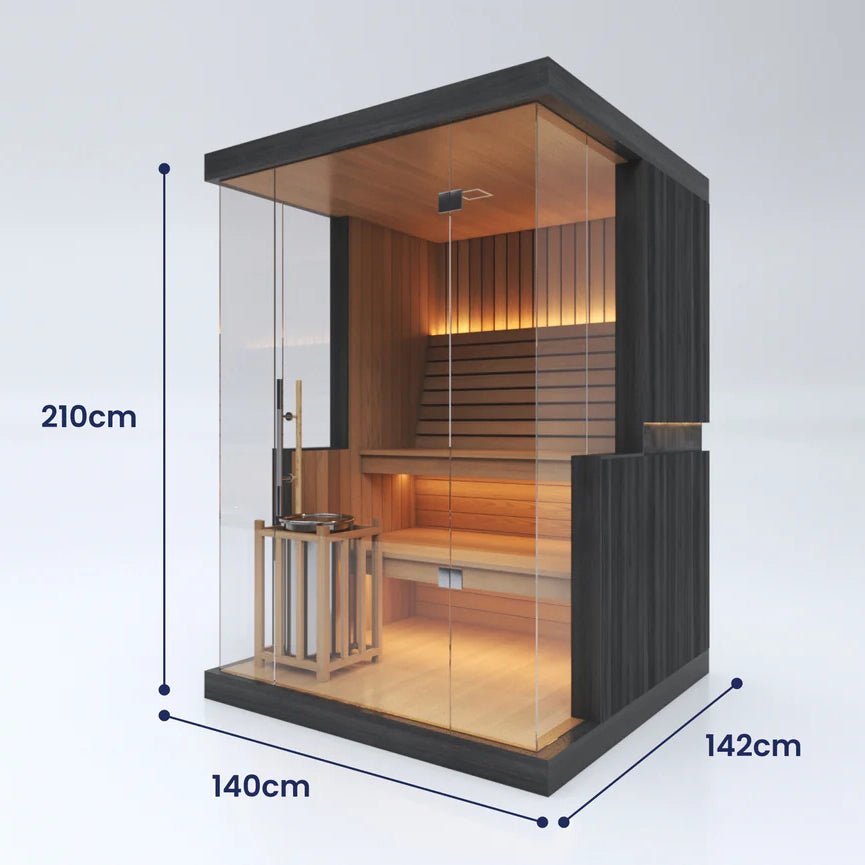 SAUNASNET® Modern Glass-Enclosed Sauna with Wooden Interior, Lighting, and Minimalist Design 2-3 Person with Wifi Steam 01