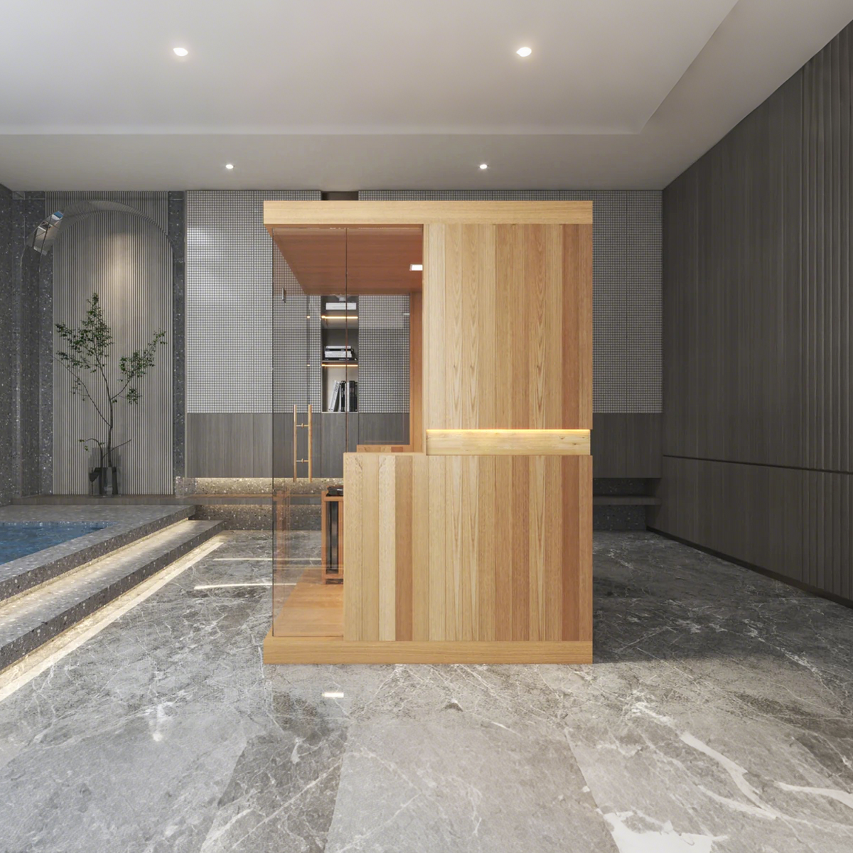 SAUNASNET® Modern Glass-Enclosed Sauna with Wooden Interior, Lighting, and Minimalist Design 2-3 Person with Wifi Steam 01