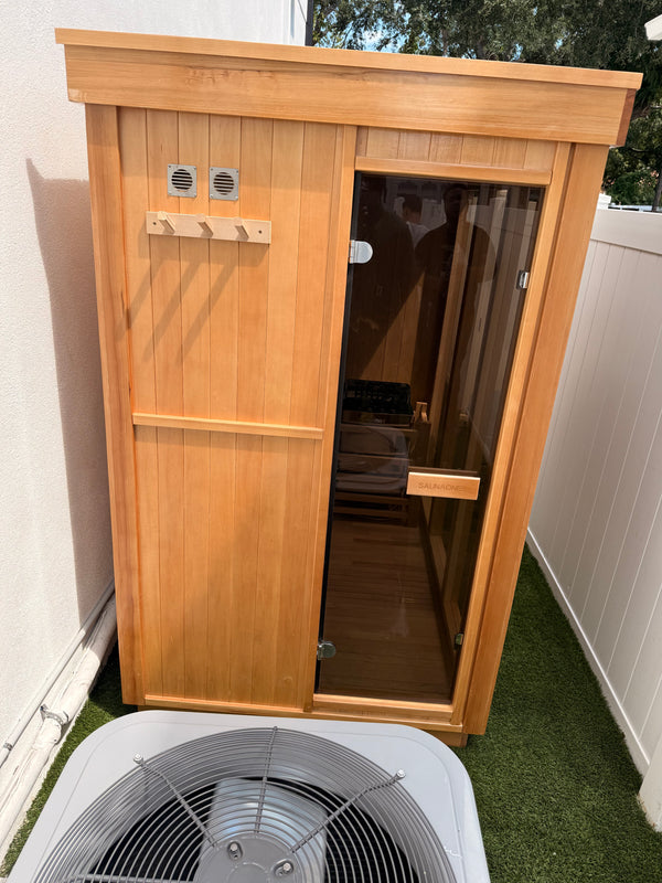 SAUNASNET® Modern Compact Wooden Sauna Cabin with Full-Length Tempered Glass Panels, Flat Roof & Benches Square 04