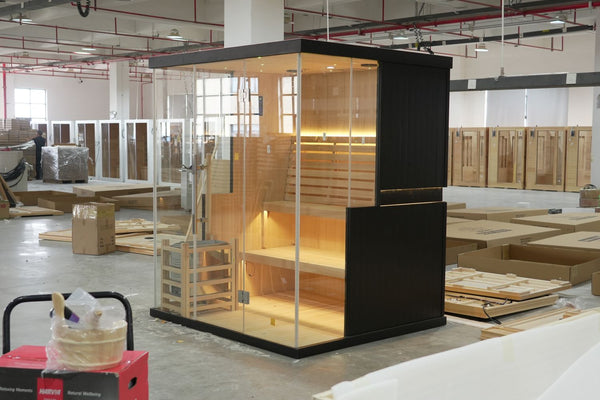 SAUNASNET® Modern Glass-Enclosed Sauna with Wooden Interior, Lighting, and Minimalist Design 4-6 Person with Wifi Steam 02