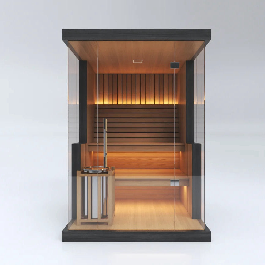 SAUNASNET® Modern Glass-Enclosed Sauna with Wooden Interior, Lighting, and Minimalist Design 2-3 Person with Wifi Steam 01