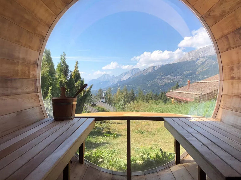 Outdoor Barrel Sauna With Panoramic View Window
