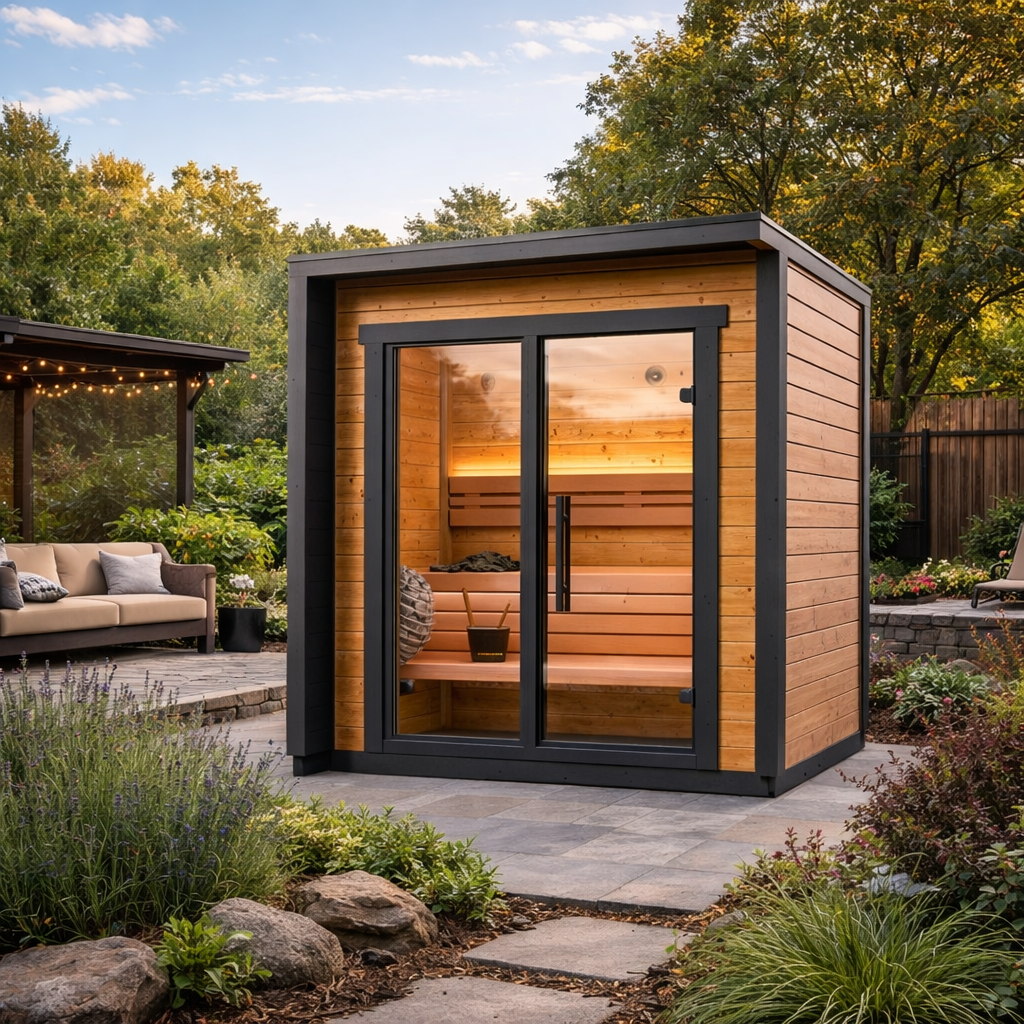 SAUNASNET® Modern Nordic Outdoor Glass-Wood Sauna Cabin – Luxury Home Spa Wellness with Brown lass Terra 05