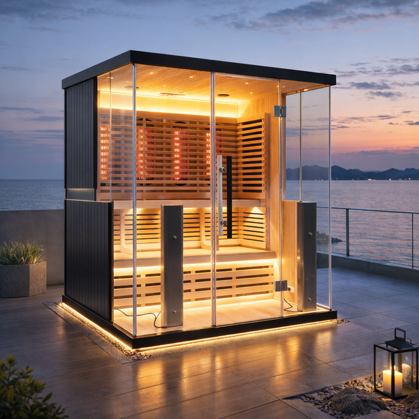 SAUNASNET® Luxury Glass Sauna with Full Spectrum,Lighting, Modern Wood Design, 4-6 Persons with WiFi Control Infrared 06（US Stock – Ships in 20–25 Days）