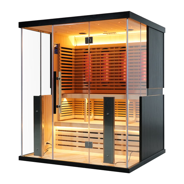 SAUNASNET® Luxury Glass Sauna with Full Spectrum,Lighting, Modern Wood Design, 4-6 Persons with WiFi Control Infrared 06（（US Stock – Ships in 20–25 Days））