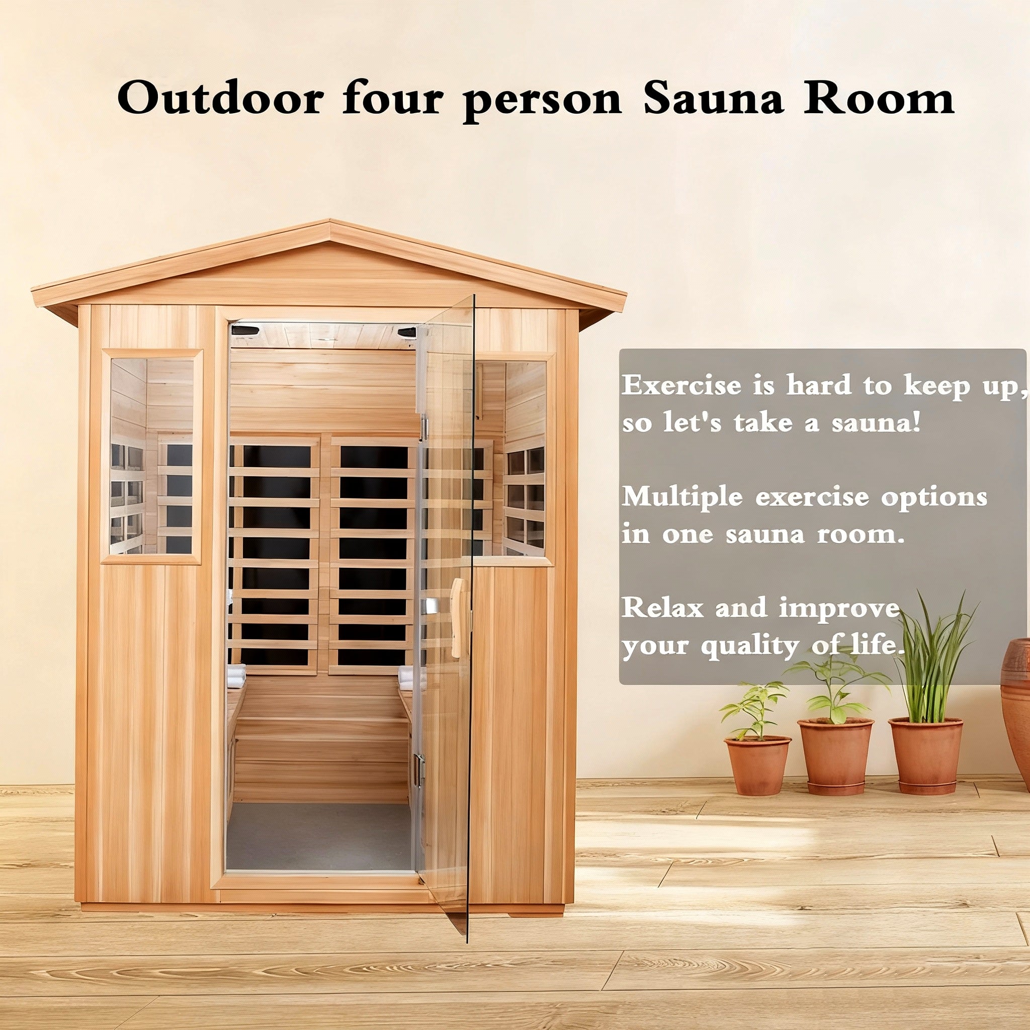 SAUNASNET® 4-Person Outdoor Solid Wood Sauna with Smart WiFi Control Infrared 18