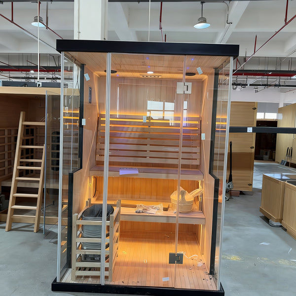 SAUNASNET® Modern Glass-Enclosed Sauna with Wooden Interior, Lighting, and Minimalist Design 2-3 Person with Wifi Steam 01