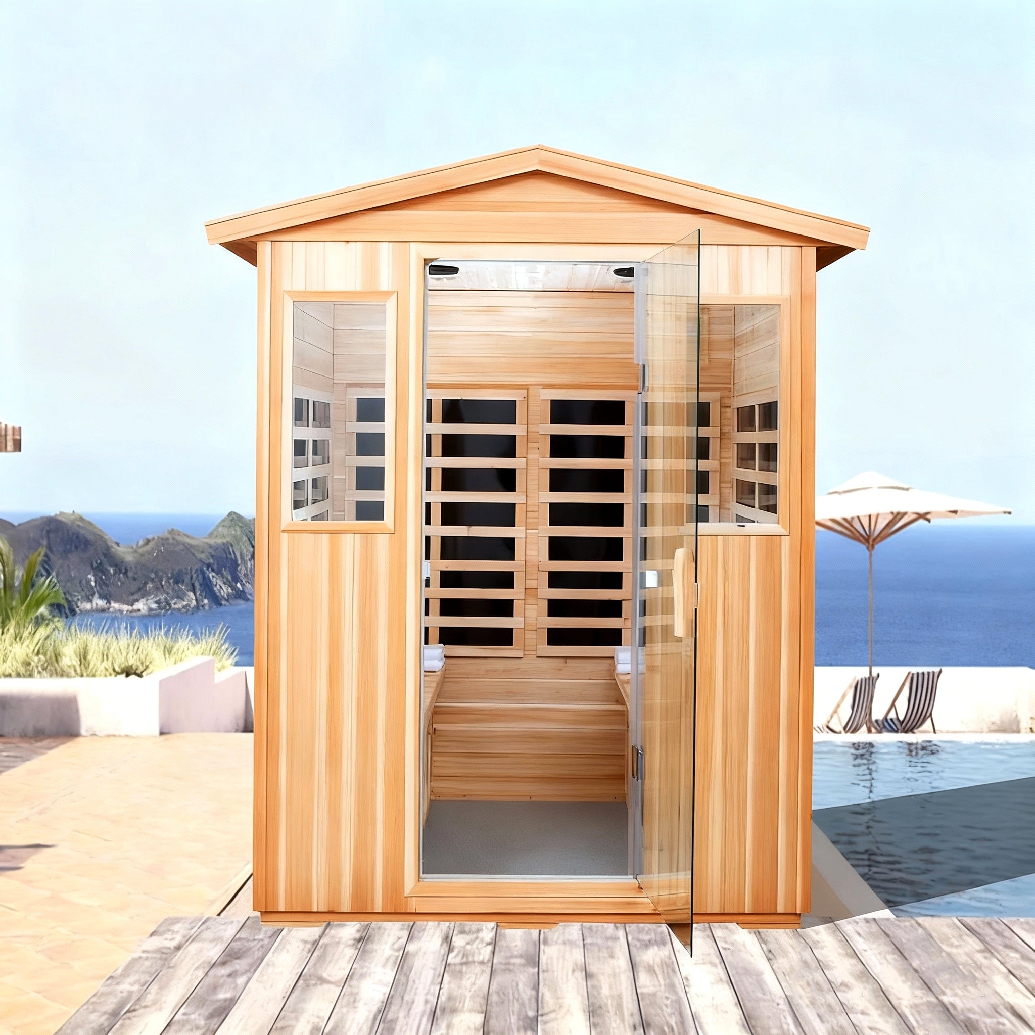 SAUNASNET® 4-Person Outdoor Solid Wood Sauna with Smart WiFi Control Infrared 18