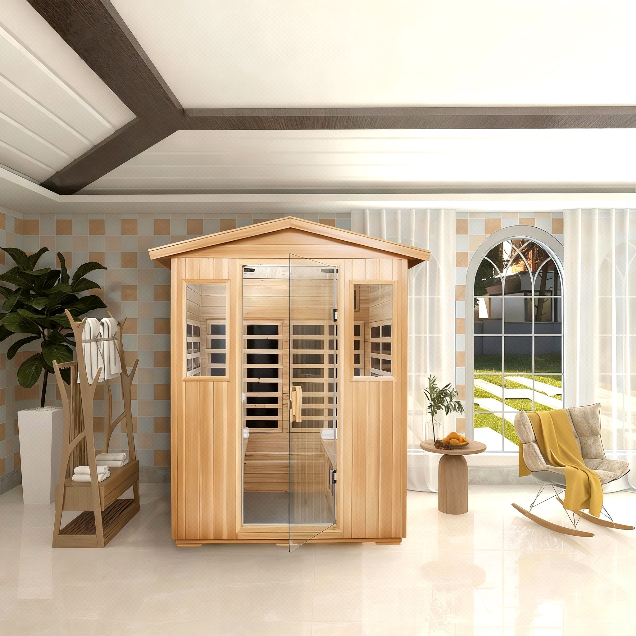 SAUNASNET® 4-Person Outdoor Solid Wood Sauna with Smart WiFi Control Infrared 18