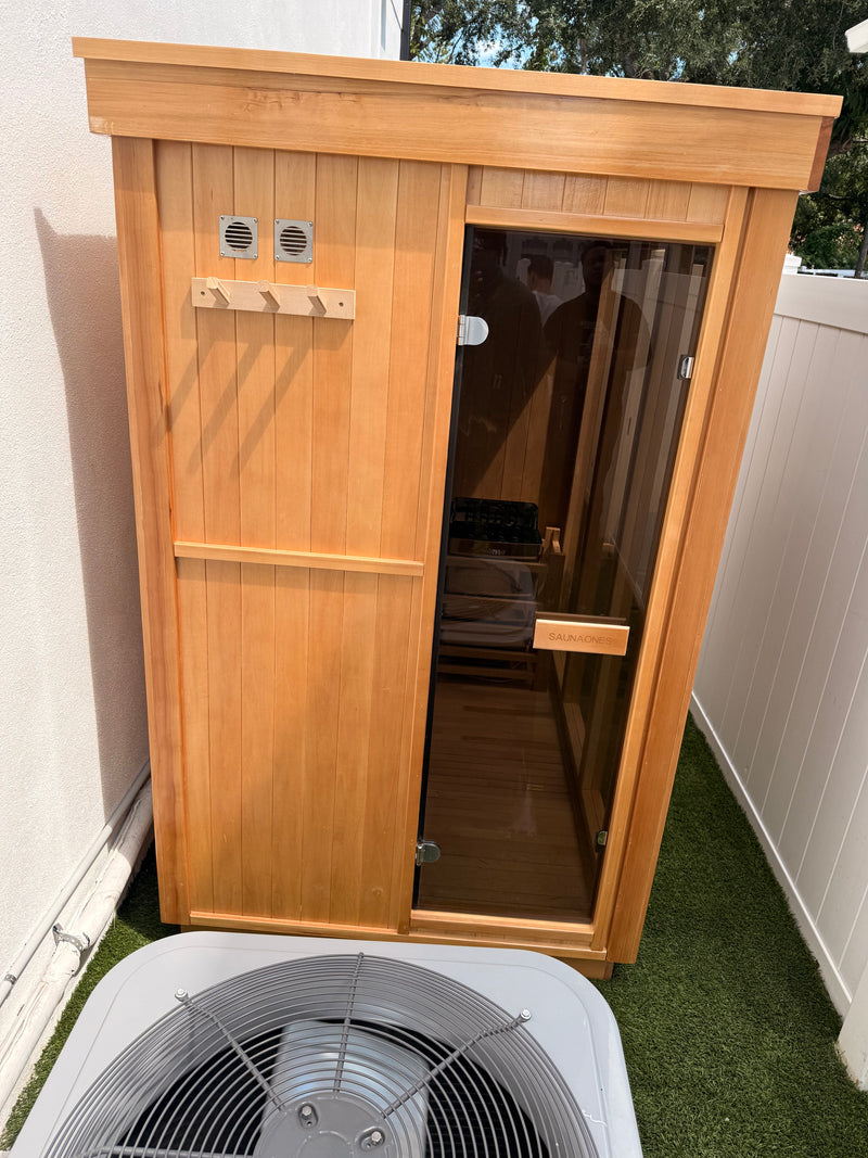 SAUNASNET® Modern Compact Wooden Sauna Cabin with Full-Length Tempered Glass Panels, Flat Roof & Benches Square 04