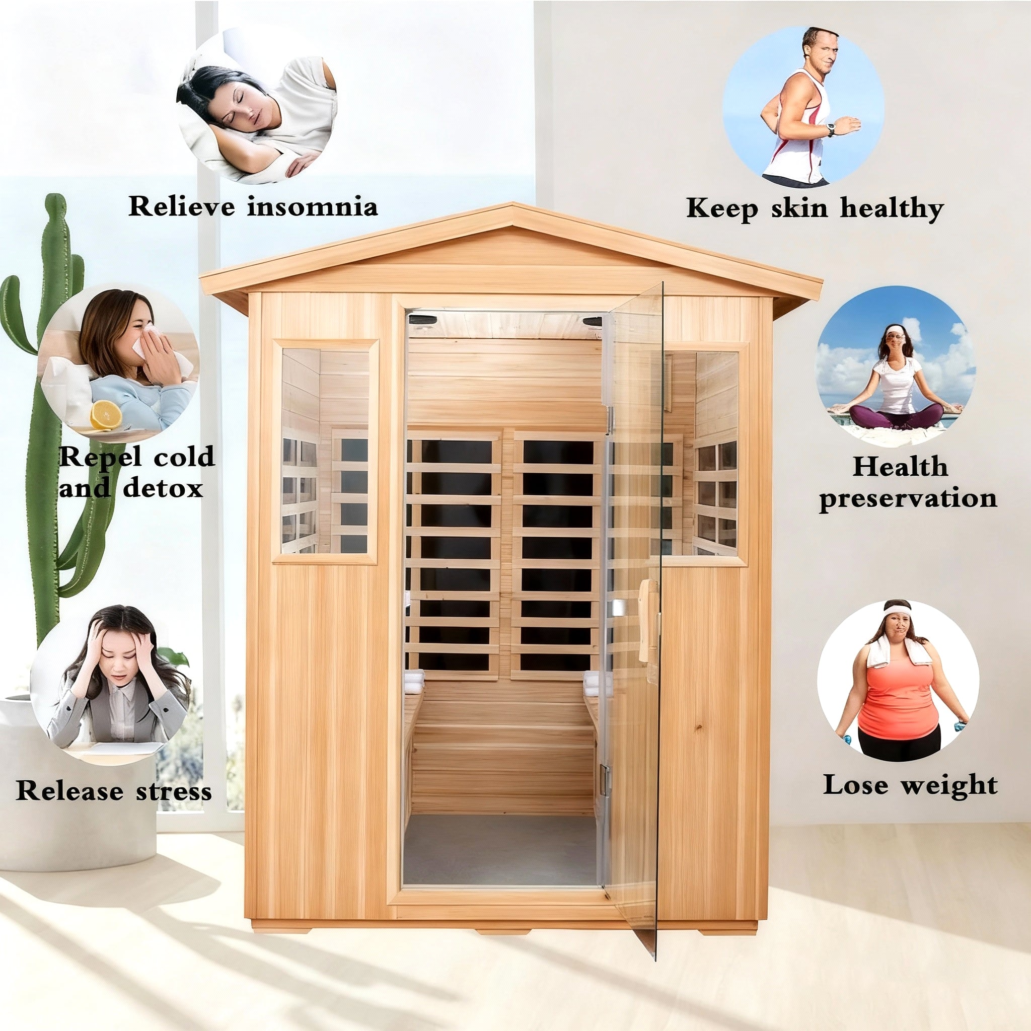SAUNASNET® 4-Person Outdoor Solid Wood Sauna with Smart WiFi Control Infrared 18