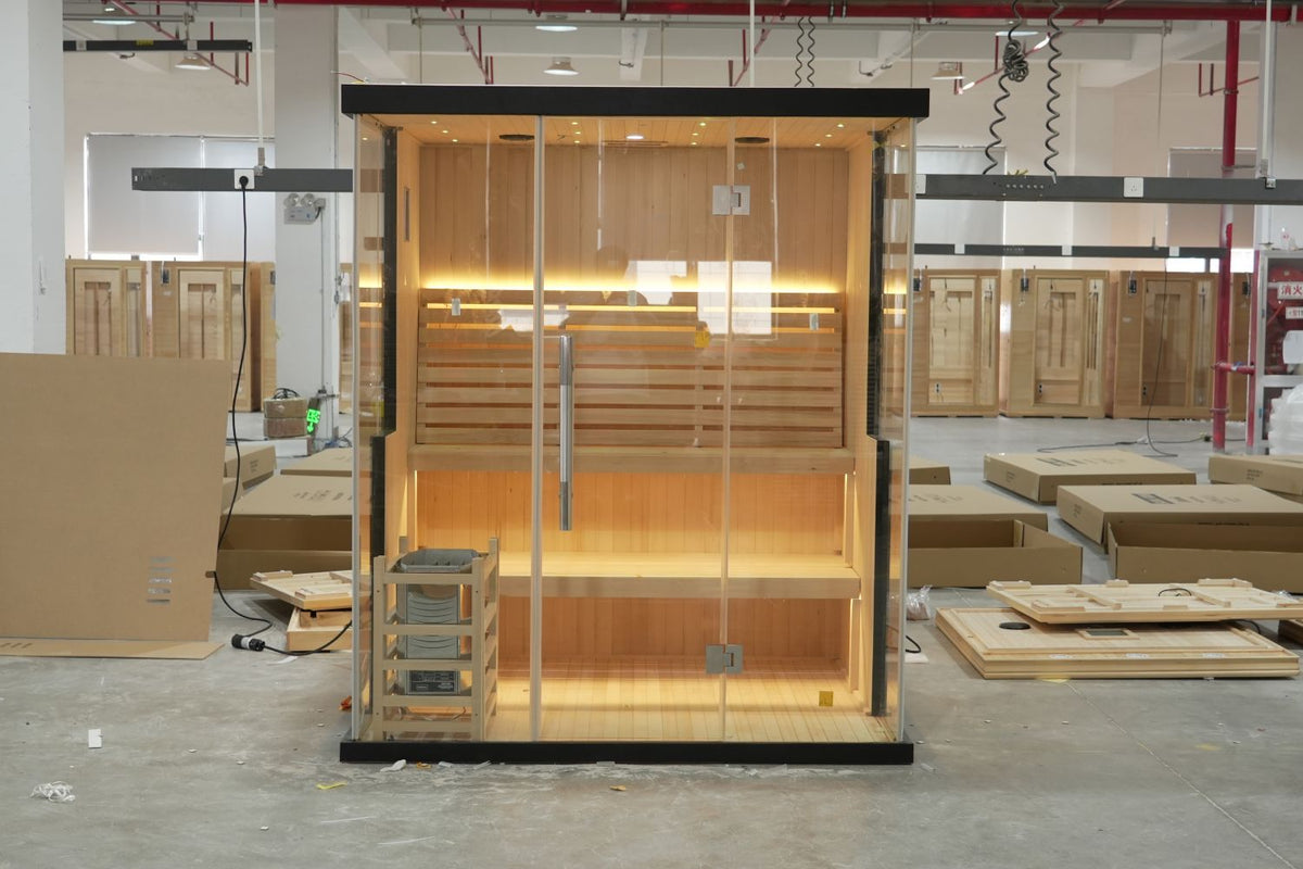 SAUNASNET® Modern Glass-Enclosed Sauna with Wooden Interior, Lighting, and Minimalist Design 4-6 Person with Wifi Steam 02（US Stock – Ships in 20–25 Days））