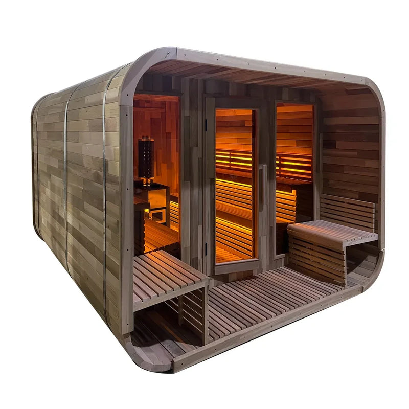 SAUNASNET Traditional Outdoor Cube Sauna Cabin with Front Porch