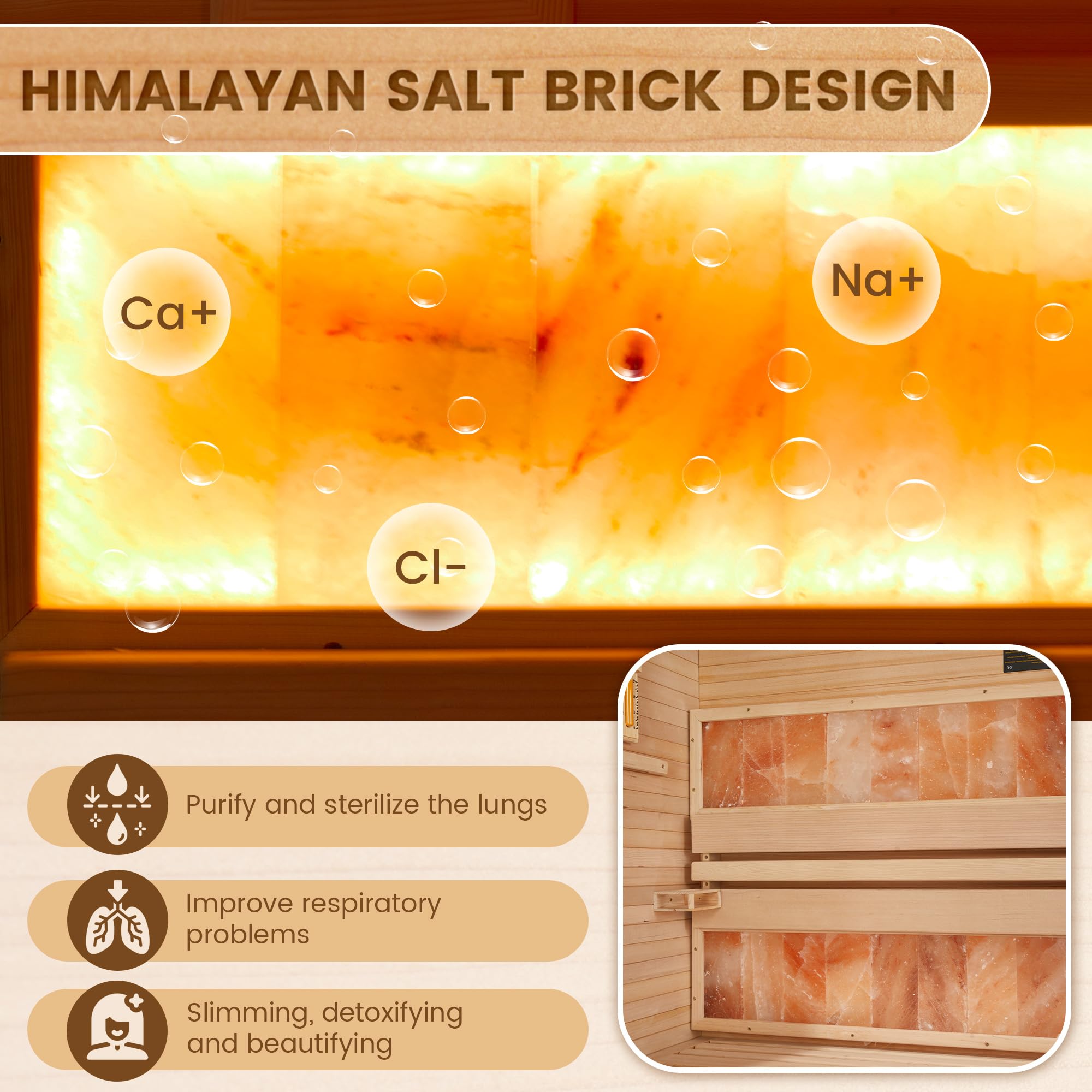 SAUNASNET® 2-4 Person Luxurious Indoor Traditional Steam Sauna with 2 Himalayan Salt Brick Glass 13