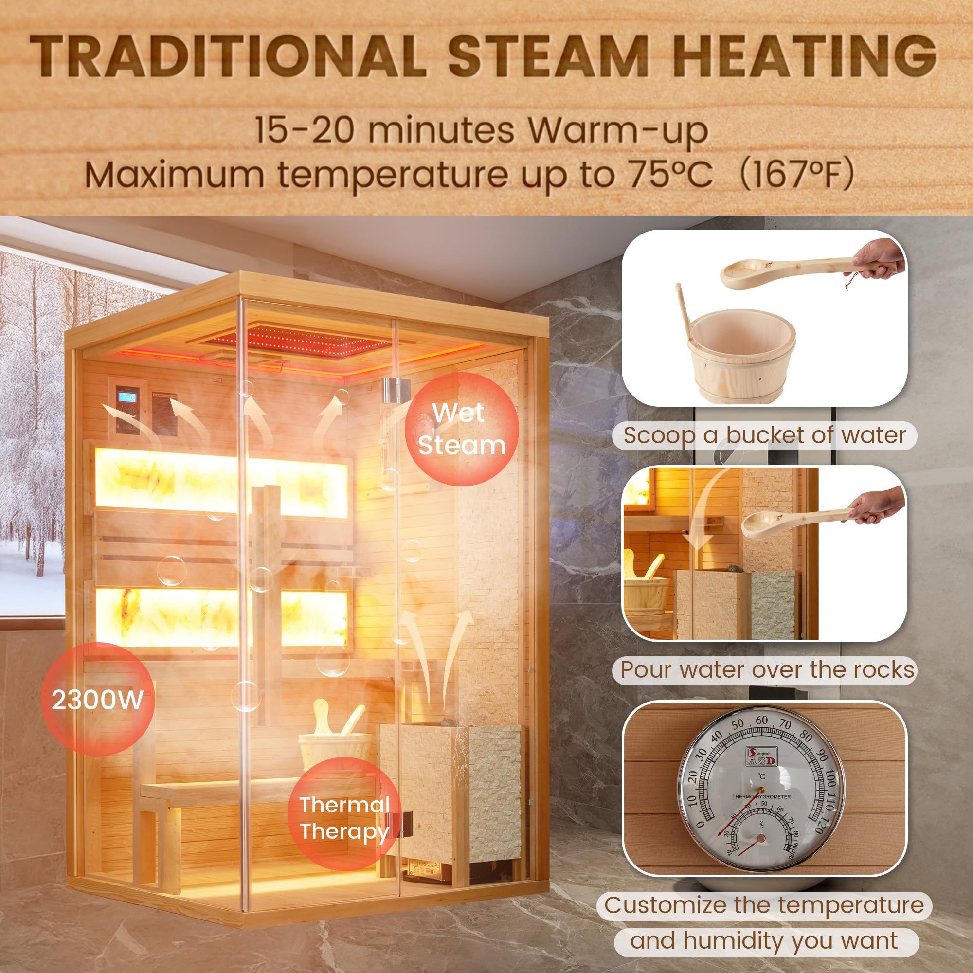 SAUNASNET® 2-4 Person Luxurious Indoor Traditional Steam Sauna with 2 Himalayan Salt Brick Glass 13