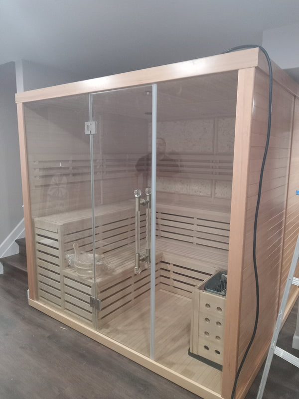 SAUNASNET® Indoor Wood Steam Sauna Room with Double Benches, 7-Color Therapy Light, Large Seating & WiFi Control Glass 10