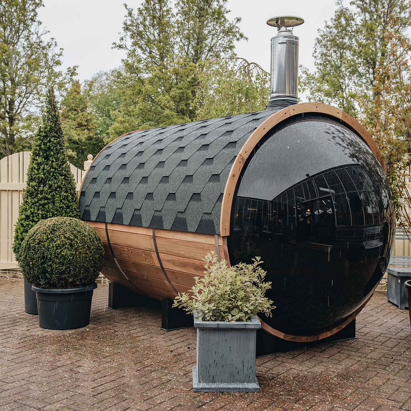 SAUNASNET Traditional Panoramic Barrel Sauna (Asphalt shingles)