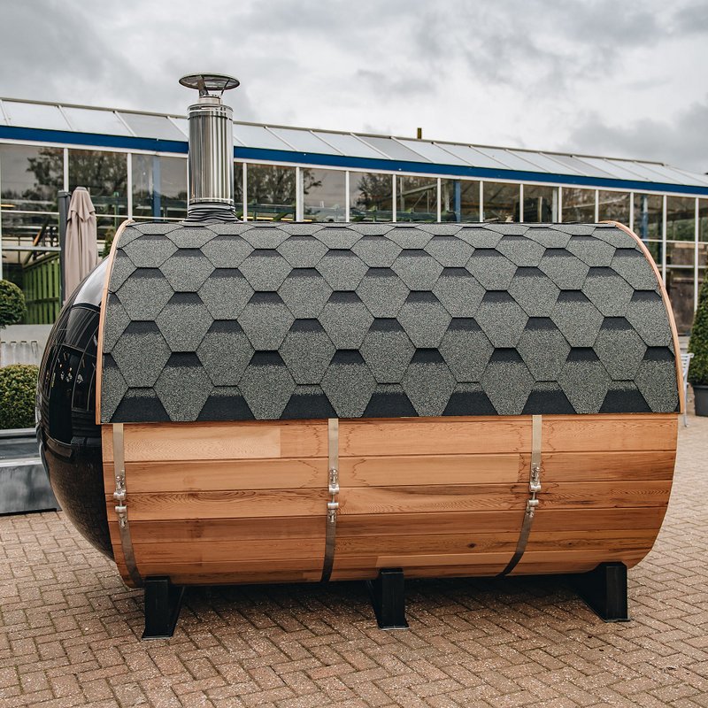 SAUNASNET Traditional Panoramic Barrel Sauna (Asphalt shingles)