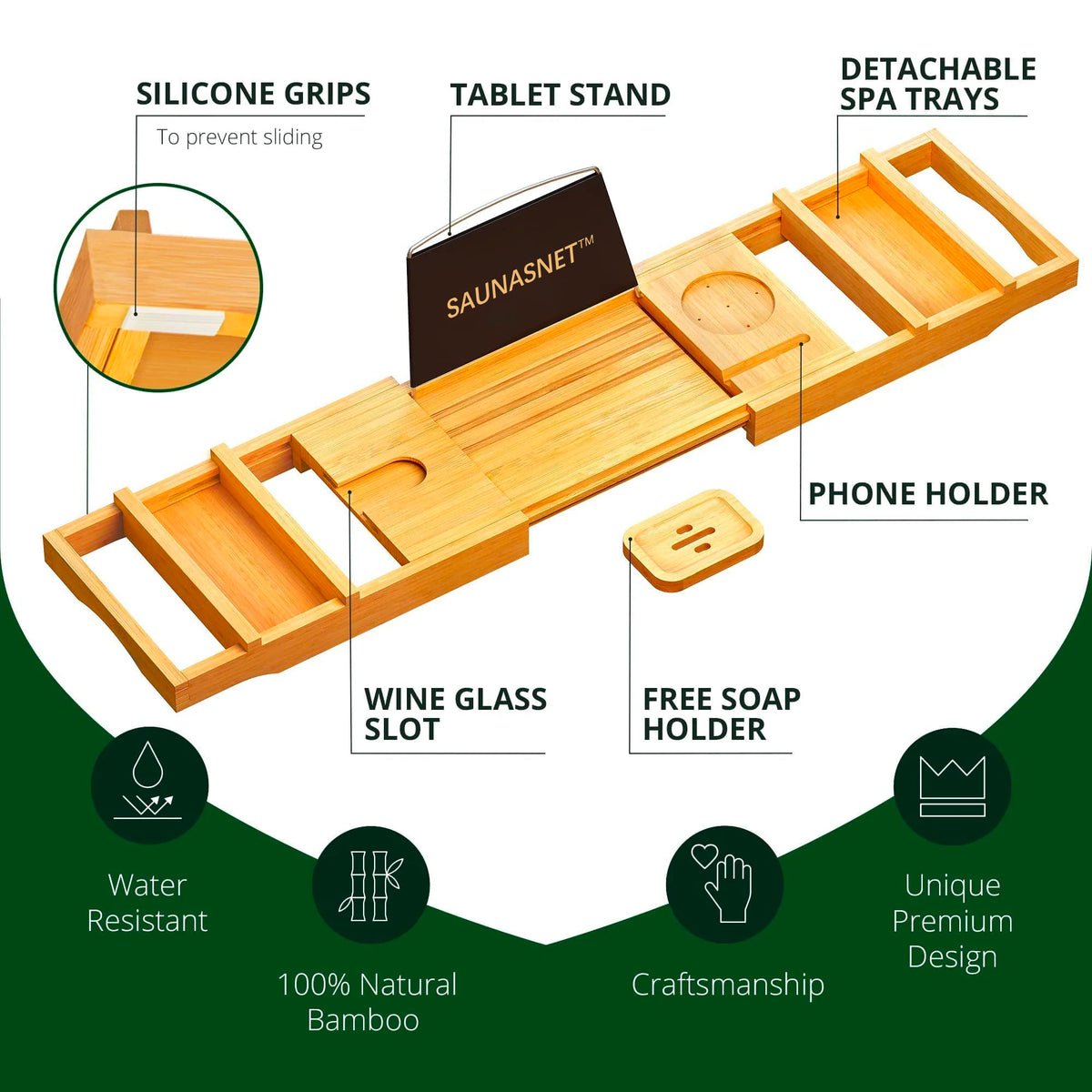 SAUNASNET® Natural Bamboo Bathtub Caddy